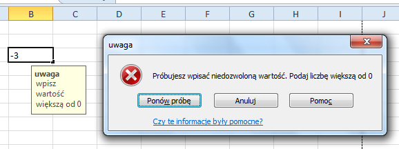 Alert o błędzie to komunikat pojawiający się wtedy, gdy użytkownik wpisze liczbę nie spełniającą narzuconych warunków (np. ujemna, ułamek).