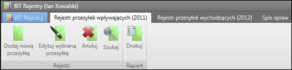 Dla rejestru przesyłek wpływających są to: Dodaj nową przesyłkę - dodawanie nowej przesyłki wpływającej do rejestru.