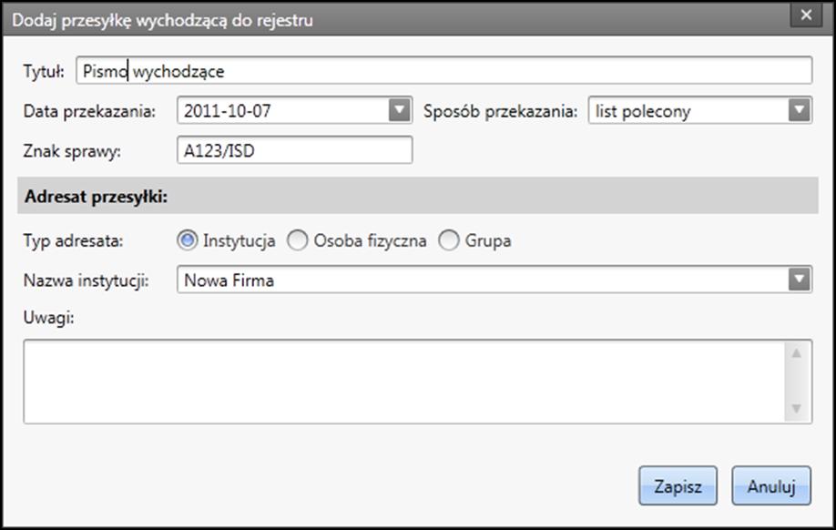 Użytkownik może zmienić treść wszystkich widocznych pól z danymi. Wszelkie dokonane zmiany należy zapisać klikając przycisk Zapisz.