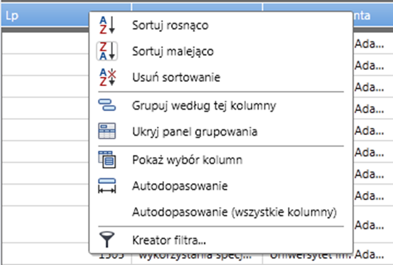 Zaawansowane funkcje programu Sortowanie przesyłek Sortowania można dokonać także poprzez kliknięcie prawym klawiszem myszy na nagłówku wybranej kolumny w spisie przesyłek czy spraw.