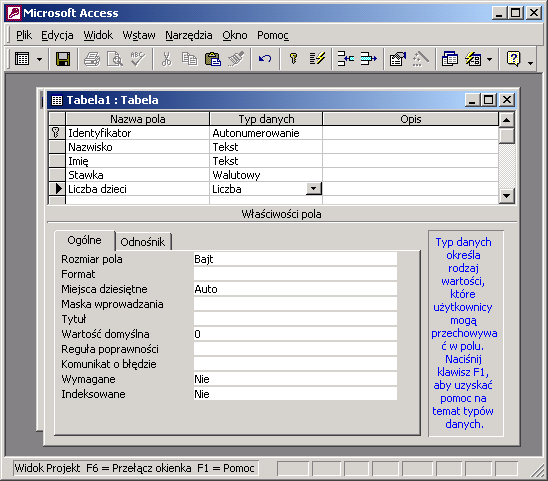 Dla każdego pola w tabeli należy zdefiniować nazwę (zasady nazywania takie jak dla tabel), określić typ danych oraz cały szereg dodatkowych właściwości.