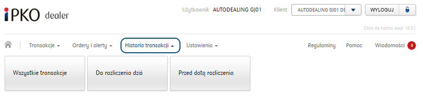 2.7. Historia transakcji Zakładka znajduje się w MENU GŁÓWNYM: Po jej rozwinięciu dostępne są następujące opcje: Wszystkie transakcje lista wszystkich transakcji zawartych przez klienta Transakcje do