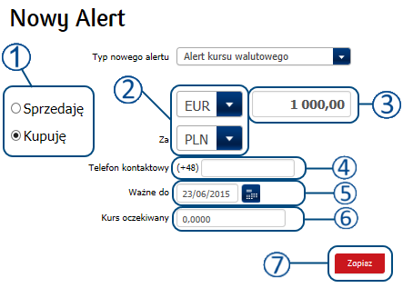 2.8. Alerty System ipko dealer umożliwia ustawienie dwóch typów alertów, czyli powiadomień SMS, które zależnie od typu alertu informują o osiągnięciu przez wybraną parę walutową określonego kursu,