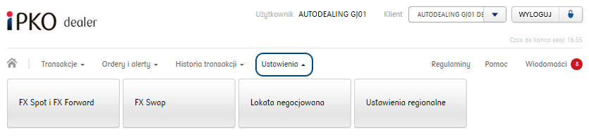 2.10. Ustawienia W systemie dostępne są ustawienia dla domyślnych ustawień dla ekranów transakcyjnych oraz ustawienia regionalne. 2.10.1. Ustawienia Regionalne Ekran ten pozwala na zmianę języka w systemie.