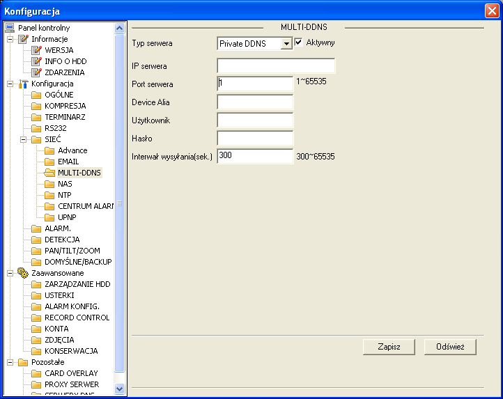 Zarządzanie rejestratorem DVR przez sieć MULTIDDNS Zakładka MULTIDDNS umożliwia włączenie i konfigurację usługi MultiDDNS, która rozszerza funkcjonalność danego rejestratora w sieci IP. Uwaga!