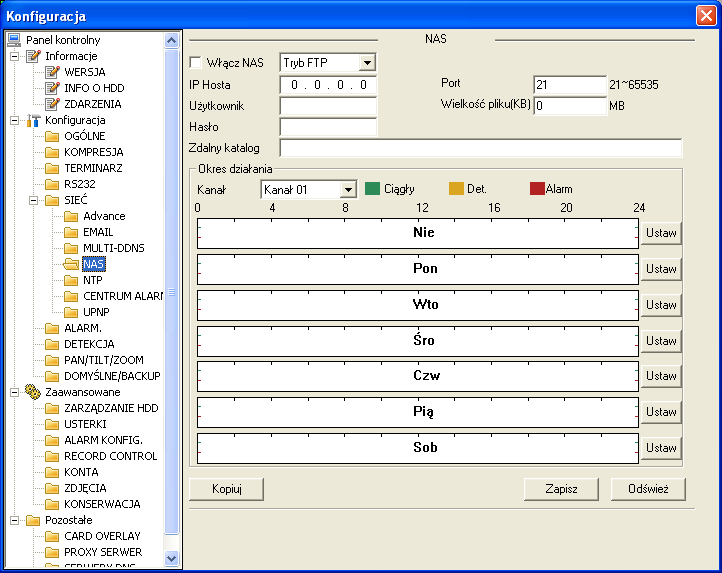 Zarządzanie rejestratorem DVR przez sieć NAS Zakładka NAS umożliwia włączenie i konfigurację funkcji wysyłania plików nagrań na podany adres serwera FTP. Uwaga!