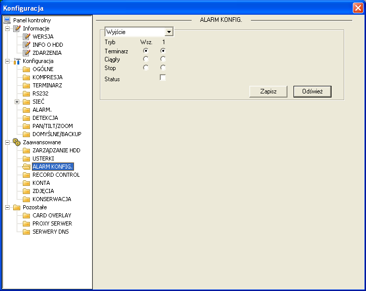 Zarządzanie rejestratorem DVR przez sieć ALARM KONFIG. Zakładka ALARM KONFIG. umożliwia zmianę ustawień wyjść alarmowych rejestratora.