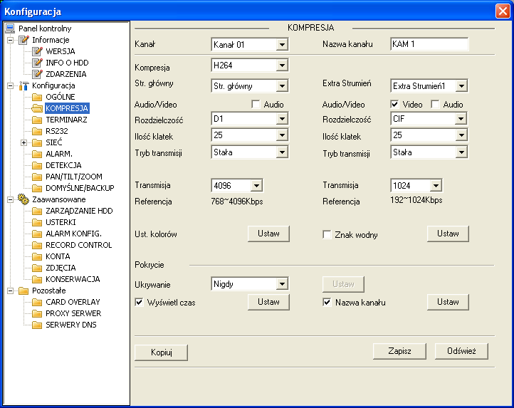 Zarządzanie rejestratorem DVR przez sieć KOMPRESJA Zakładka KOMPRESJA umożliwia ustawienie parametrów strumienia z kamer zapisywanego na dysk twardy rejestratora.