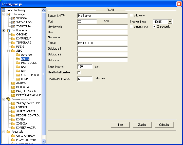 Zarządzanie rejestratorem DVR przez sieć EMAIL Zakładka EMAIL umożliwia włączenie i konfigurację funkcji wysyłania wiadomości Email przez rejestrator do użytkownika.