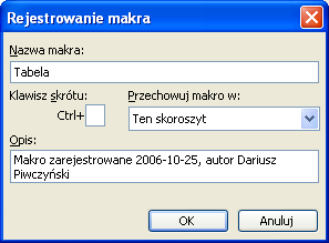 Autor: Piwczyński Dariusz 16 W kolejnym kroku podajemy nazwę makra i klikamy na OK.