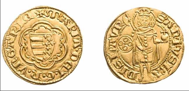 111), bitym od 1385, topór trzymany jest pionowo, jak niegdyś halabarda (ma on naturalnie krótszy trzonek). Napisy otokowe: "+MARIE. DEI. G. R. VNGARIE" na awersie i "S. LADISLAVS.