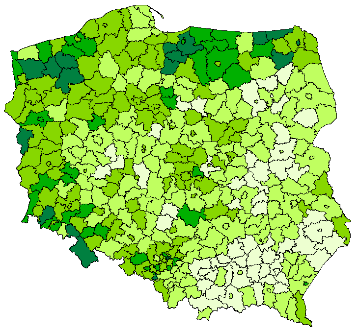 Mapa 4. Rodziny zastępcze na 10 tys. ludności według powiatów W 2011 r. na 10 tys. ludności Polski przypadało średnio prawie 10 rodzin zastępczych (9,7).