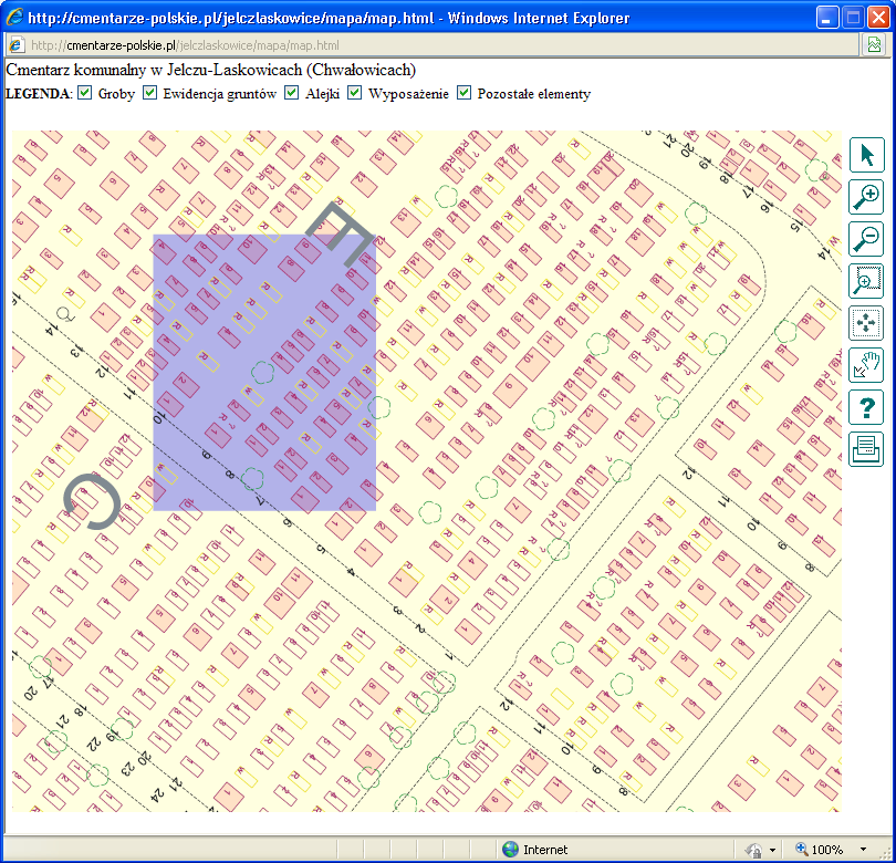 Mapa wektorowa cmentarza w Internecie Oprogramowanie umożliwia prezentację w Internecie map w formacie wektorowym w technologii.
