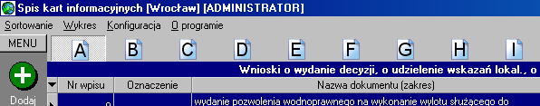 W celu dodania nowej karty naleŝy najpierw wybrać z górnego menu przycisków właściwy dział, do którego wpisywana karta ma być dołączona.