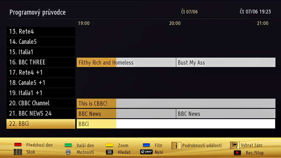 Elektronický průvodce programy (EPG) Některé, ale ne všechny kanály posílají informace o aktuálních a nadcházejících programech. Pro prohlížení EPG menu stiskněte tlačítko PRŮVODCE " ".