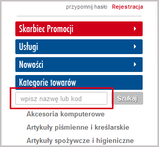 Istnieją jednak dużo szybsze sposoby dotarcia do wybranego produktu poprzez wyszukiwarkę znajdującą się w lewym menu nad kategoriami towarów.