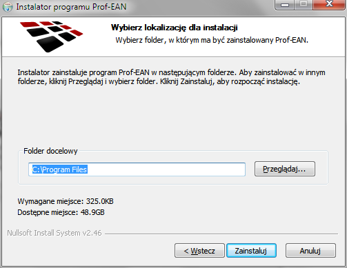 2. Deklaracja instalacji programu PROF-EAN 2 Domyślnie program PROF-EAN 2 zainstaluje się w folderze C:\Program
