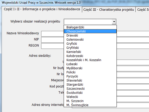 Wyświetlony zostanie panel główny formularza wniosku. W górnej jego części wyświetlone zostaną wszystkie zakładki zawierające poszczególne części wniosku o dofinansowanie projektu.