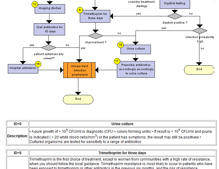 W wyniku wybrania opcji wydruku do każdego elementu diagramu zawierającego niepusty opis dodane zostaje żółte kółko z numerem, a u dołu strony wpisane zostają wartości poszczególnych elementów