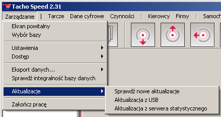 Opcja Sprawdź nowe aktualizacje pozwala na sprawdzenie, czy na stronie www.tachospeed.pl są dostępne nowe aktualizacje.