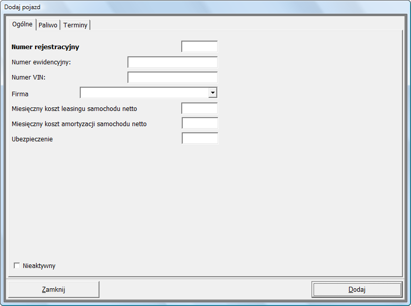 Okno opcji dodawania pojazdów jest bardziej rozbudowane, niż inne.