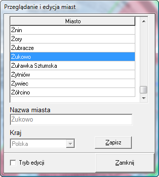 Po wybraniu miejscowości z listy i wybraniu opcji Tryb edycji możemy wprowadzid nową nazwę miasta lub zmienid kraj położenia.