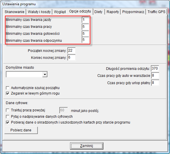 6.3. Ustawienia opcji odczytu W ustawieniach możliwe jest ustalenie minimalnych wartości odczytu dla jazdy, pracy innej, gotowości oraz postoju. Przy minimalnych ustawieniach, tj.