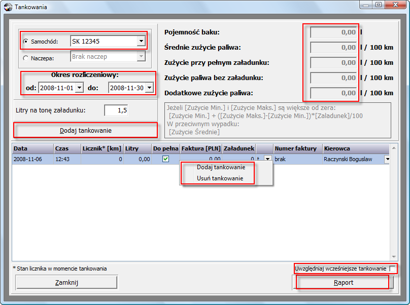 13. Moduł paliwowy Aby uruchomid moduł paliwowy, w menu należy wybrad Paliwo/Rozliczanie tankowao. 13.1. Dodawanie i edycja tankowań Po uruchomieniu raportu pojawi się okno opcji, w którym możemy dodawad i usuwad tankowania.