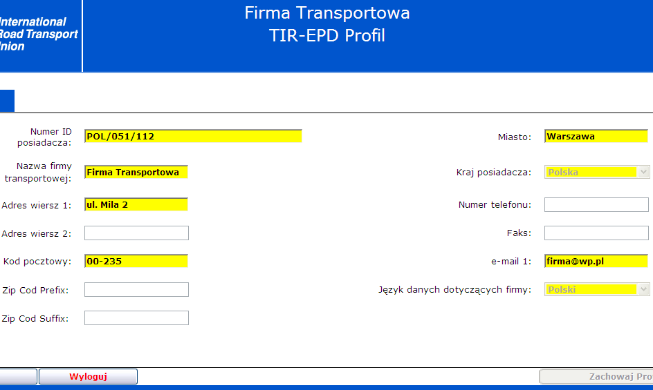 IV. Podgląd profilu firmy Niektóre informacje podane w profilu firmy będą wykorzystywane podczas tworzenia Pre-deklaracji.