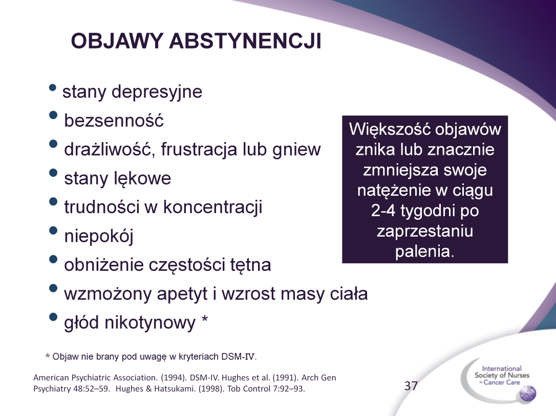 37 Kiedy pacjent nagle przerwie palenie, poziom nikotyny w jego organizmie szybko spada i zaczynają się pojawiać objawy abstynenckie.