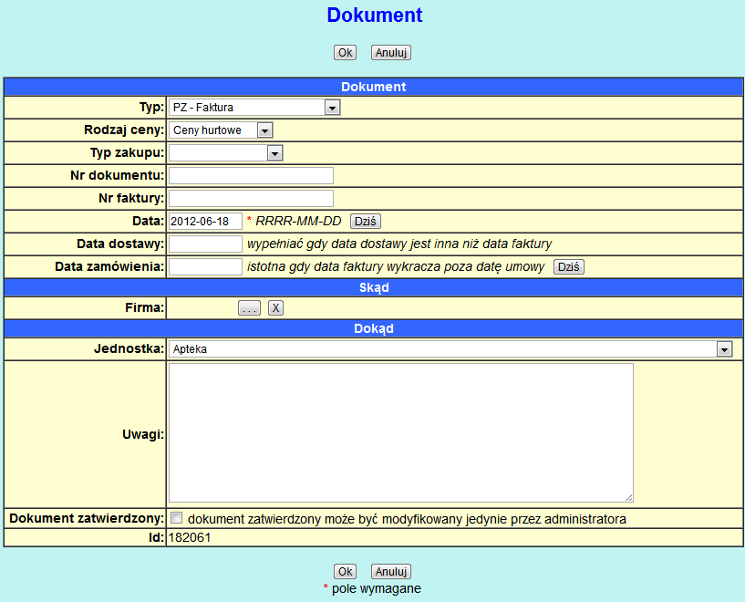 Apteka - dokumenty magazynowe 7 Należy wypełnić następujące pola: Rodzaj ceny Typ zakupu Data
