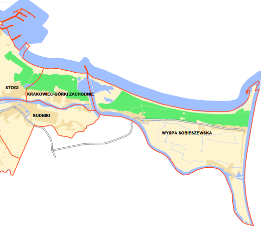 Rys. 4.2. Dzielnice Gdańska na których znajdują się obszary PLH220022 Ostoja w Ujściu Wisły i PLB220004 Ujście Wisły (plan pozyskany z http://www.gdansk.pl/gospodarka,960.