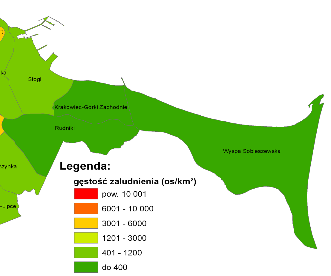 Rys. 4.3. Gęstość zaludnienia w analizowanych dzielnicach Gdańska (pozyskane z http://www.gdansk.pl/ gospodarka,960.html, Jednostki pomocnicze (dzielnice) dane za lata 2005-2012, dostęp w dniu 10.02.