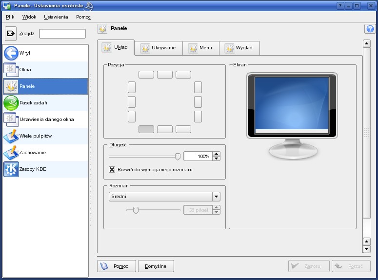 3-40 panelu Menu Dodawanie menu do menu KDE Wygląd Zmiana tła ikon na panelu W KDE panelu. obszar myszy Panel.