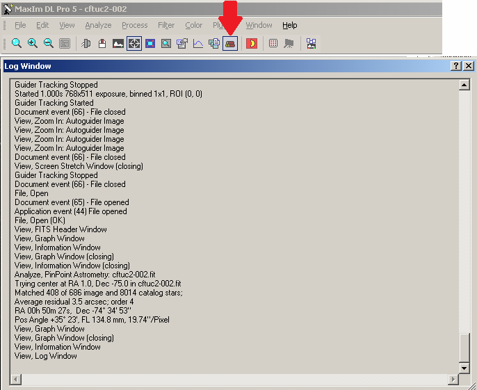 Rysunek 15. MaxIm DL. Log Window - rejestr poleceń. Dodatkowa funkcja programu MaxIm DL.