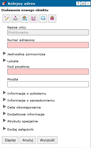 - Przybliż do ulicy - ustawia mapę nad wybraną ulicą, - Dodaj punkt adresowy - uruchomiona zostanie formatka dodawania kolejnego punktu adresowego dla wybranej ulicy,