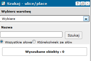 - Wyszukaj punkty adresowe funkcja zaznacza na mapie wszystkie punkty adresowe leżące na danej ulicy, - Modyfikuj słownik ulic uruchamia formatkę modyfikowania nazwy ulicy w słowniku ulic, - Usuń