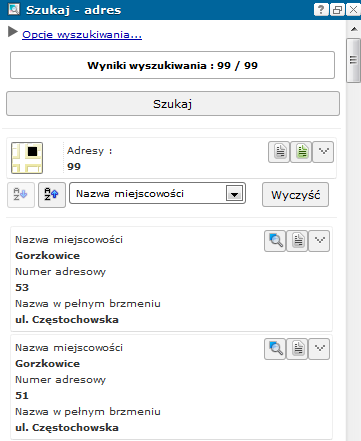 b. w polu Wybierz miejscowość (które staje się listą aktywną po wybraniu gminy) należy wkazać miejscowość, w której położony jest szukany punkt adresowy, c.