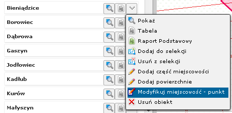 Aby dodać powierzchnię Użytkownik musi wyszukać miejscowość z panelu BAWL lub z menu Wyszukiwania wybierz Szukaj miejscowość.