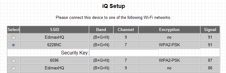 Mac: 4. Otworzy się okno iq Setup. Wszystkie dostępne sieci bezprzewodowe pojawią się na liście. Wybierz tę, z którą chcesz się połączyd.