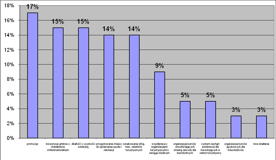 Wśród gmin województwa lubuskiego najczęściej podejmowano działania ukierunkowane na aktywizację turystyczną, postrzeganą poprzez promocję 17% oraz inwestycje o charakterze infrastrukturalnym - 15%.