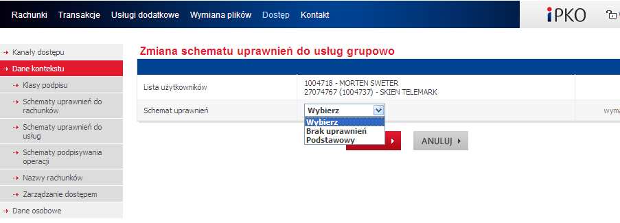 Aby przypisać taki sam schemat uprawnień do usług grupie Użytkowników, należy na pierwszym ekranie na Liście użytkowników w kontekście zaznaczyć poszczególne osoby, a