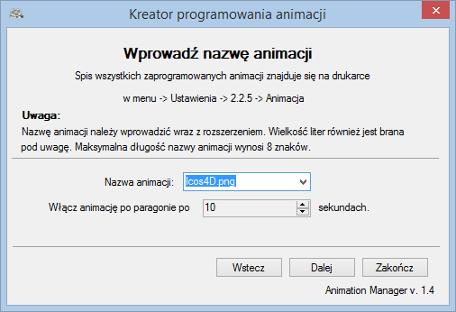 Gdy wszystkie animacje są wybrane zaprogramować można je wciskając przycisk dalej. Paski postępu wskazują postęp aktualnie programowanej animacji jak i postęp wszystkich programowanych animacji.