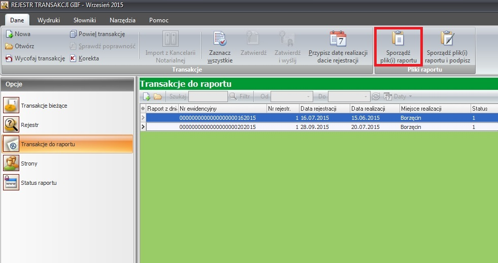 10 Kancelaria Notarialna - Rejestr Transakcji GIIF instrukcja 5. Przygotowanie pliku z raportem. Kolejnym krokiem jest wygenerowanie pliku raportu zawierającego dane z wszystkich transakcji.