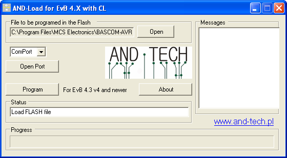 Intergracja zestawy EvB 4.3 ze środowiskiem BASCOM Ściągnij najnowszą wersję oprogramowania AND-Load v3.2 with CL ze strony http://and-tech.pl/evb4.3/and-load.