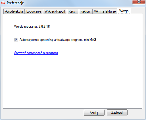 Strona17 Informacja o wersji programu minimag wraz z opcją automatycznego sprawdzania dostępności aktualizacji przy