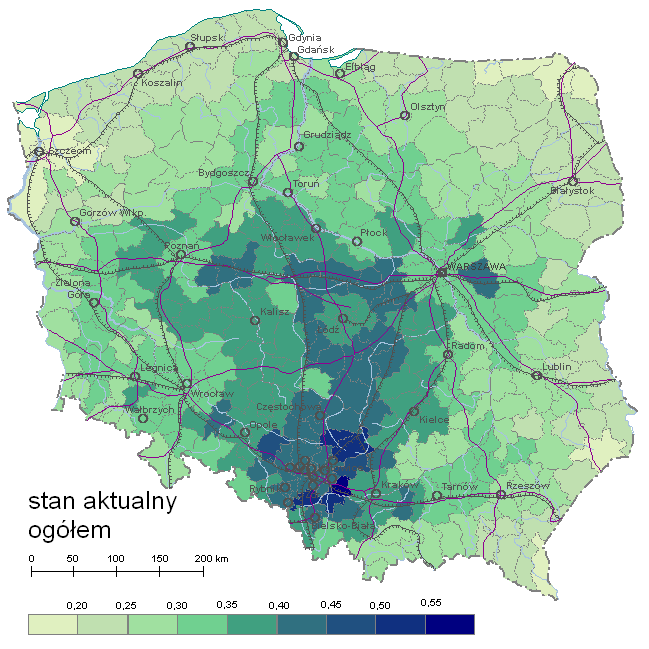 Ryc. 1. Wskaźnik Międzygałęziowej Dostępności Transportowej Polski w transporcie ogółem dla węzłów powiatowych i reprezentujących je powiatów w 2009 r. WMDT aktualizacja w 2010 r.