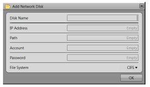 Zdjęcie 5-4 Okno dialogowe Add Network Disk Tabela 5-1 Opis dodawania dysku sieciowego Parametr Opis Ustawienie Nazwa dysku Zapis nazwy dysku. [Jak ustawić] Wprowadzić wartość ręcznie.