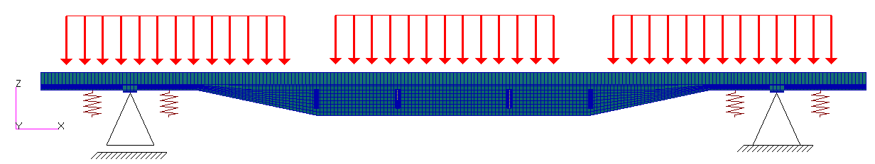 Rys. 3. Rozmieszczenie elementów sprężystych Wszystkim elementom modelu przypisano parametry przekrojów odpowiadające rzeczywistym.