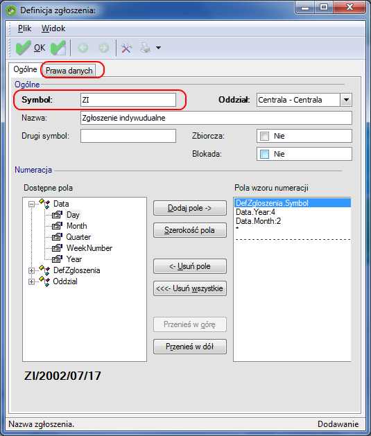 Rys. 12 Formularz definicji zgłoszenia.